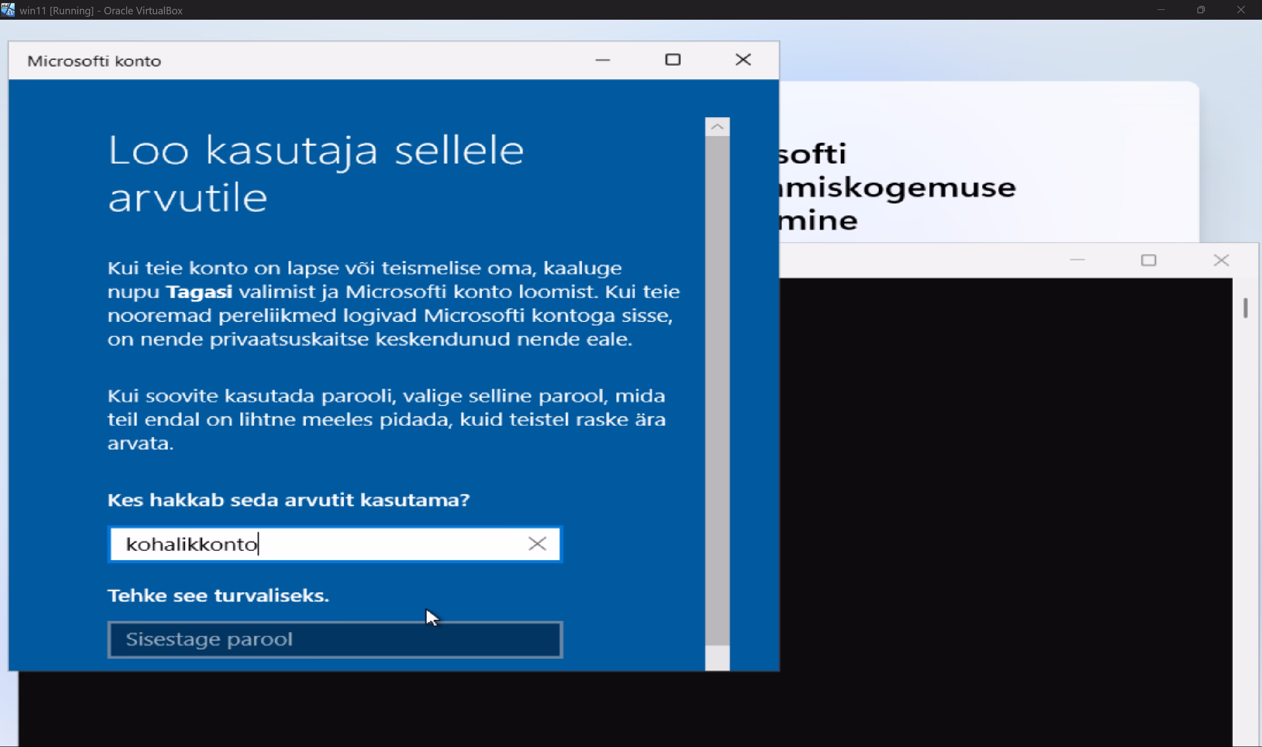 Windows 11 esma seadistus kohalikkonto nimi